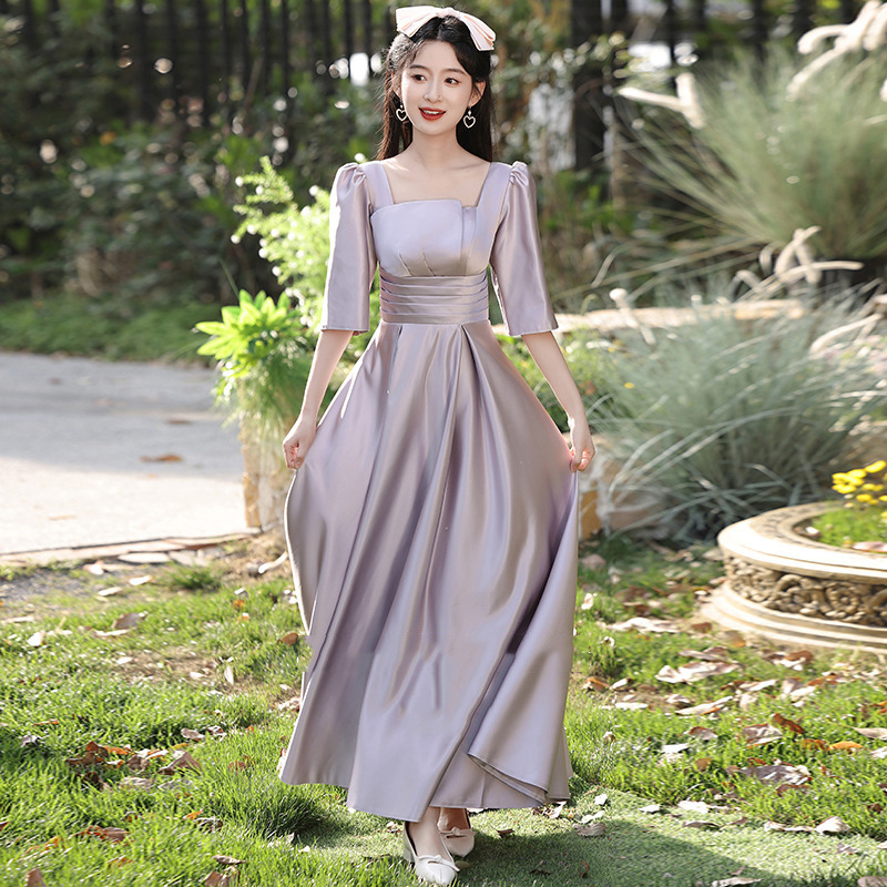 Pruutneitside kleit, A-line, kõrge vöökoht, atsetaadi–polüesteri segu, pikk kleit, 3/4 varrukad