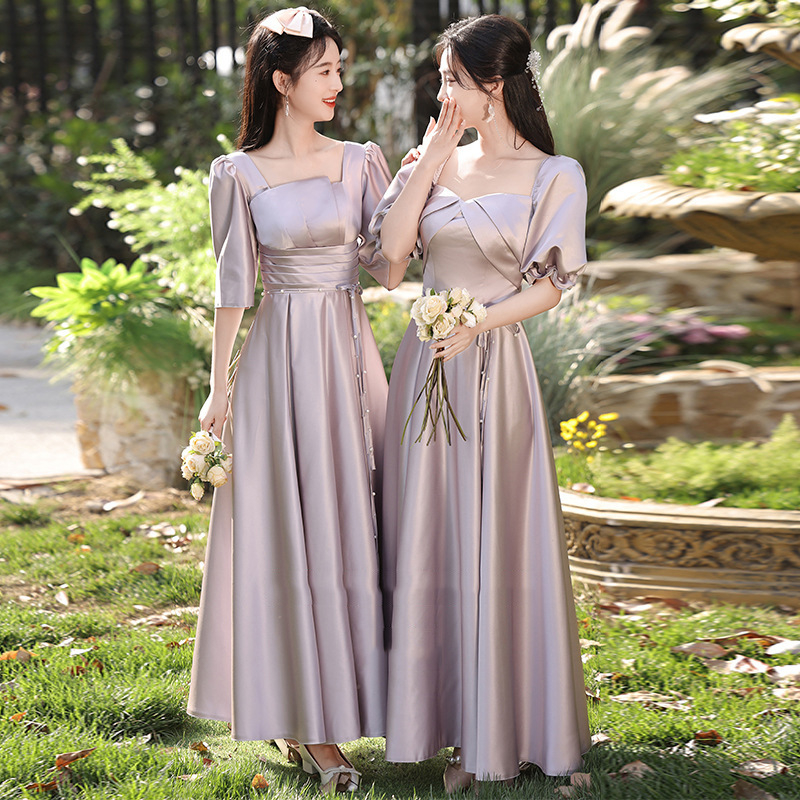 Pruutneitside kleit, A-line, kõrge vöökoht, atsetaadi–polüesteri segu, pikk kleit, 3/4 varrukad