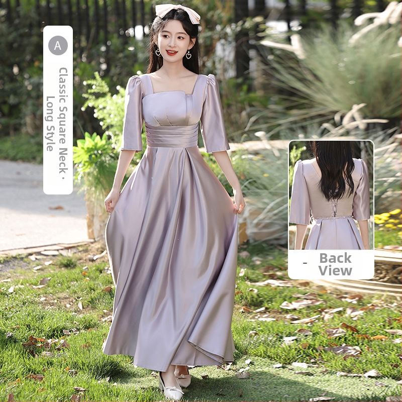 Pruutneitside kleit, A-line, kõrge vöökoht, atsetaadi–polüesteri segu, pikk kleit, 3/4 varrukad