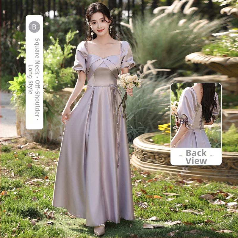 Pruutneitside kleit, A-line, kõrge vöökoht, atsetaadi–polüesteri segu, pikk kleit, 3/4 varrukad