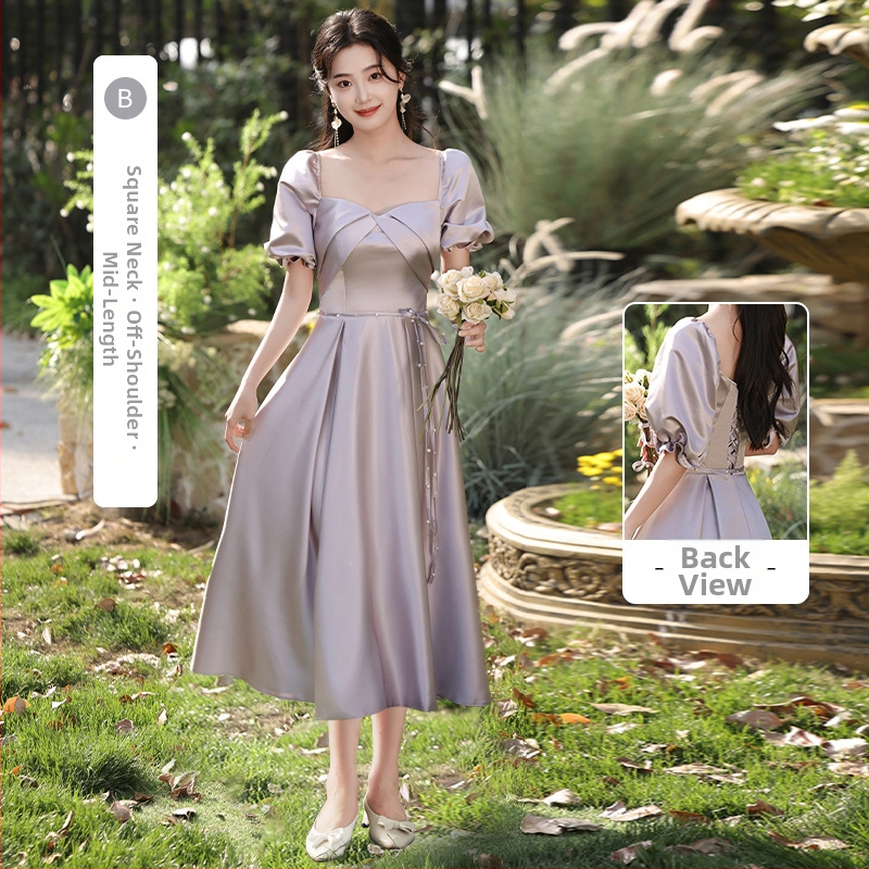 Pruutneitside kleit, A-line, kõrge vöökoht, atsetaadi–polüesteri segu, pikk kleit, 3/4 varrukad