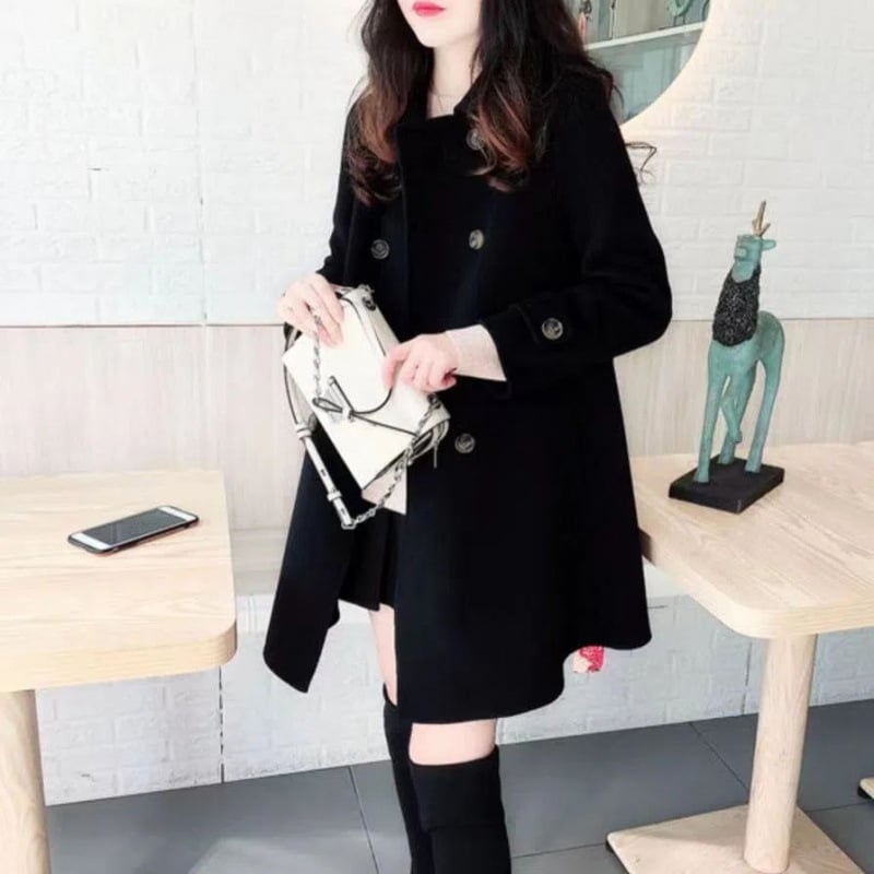Γυναικείο μάλλινο παλτό με γιακά πόλο, χαλαρό ιαπωνοκορεατικό στυλ, ύφασμα chenille με spandex, κοντή γραμμή, μανίκια 3/4