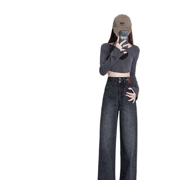 Blugi cu talie înaltă, croială largă, lungi, țesătură polipropilenă