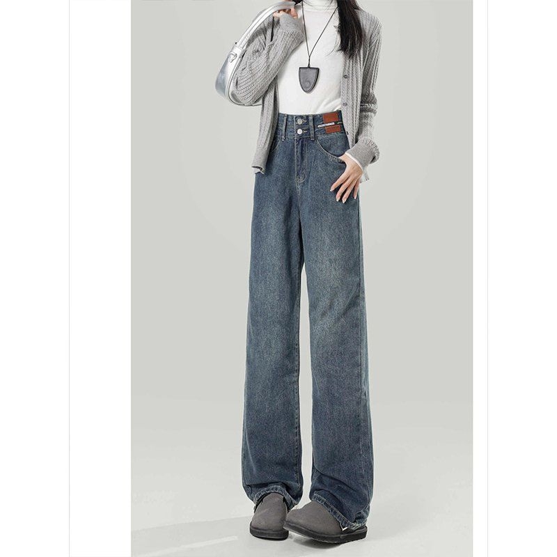 Blugi cu talie înaltă, croială largă, lungi, țesătură polipropilenă