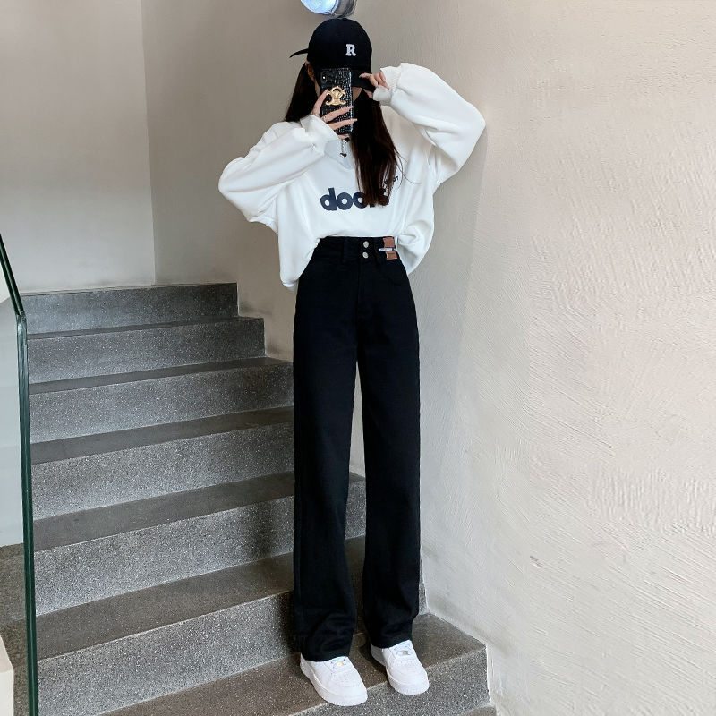 Blugi cu talie înaltă, croială largă, lungi, țesătură polipropilenă