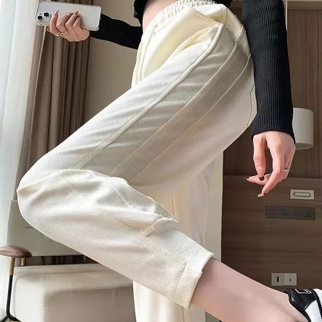 Pantaloni jogger pentru femei, talie înaltă, căptușiți cu polar, țesătură de poliester, croială skinny, pantaloni casual, design inspirat de harém