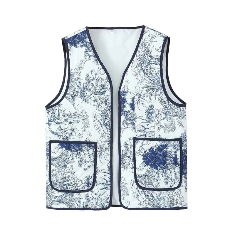 Ziedu raksta jaciņa ar Space Cotton pildījumu, poliestera audums, brīvs griezums, pusē atvērta apkakle, bez sprādzes