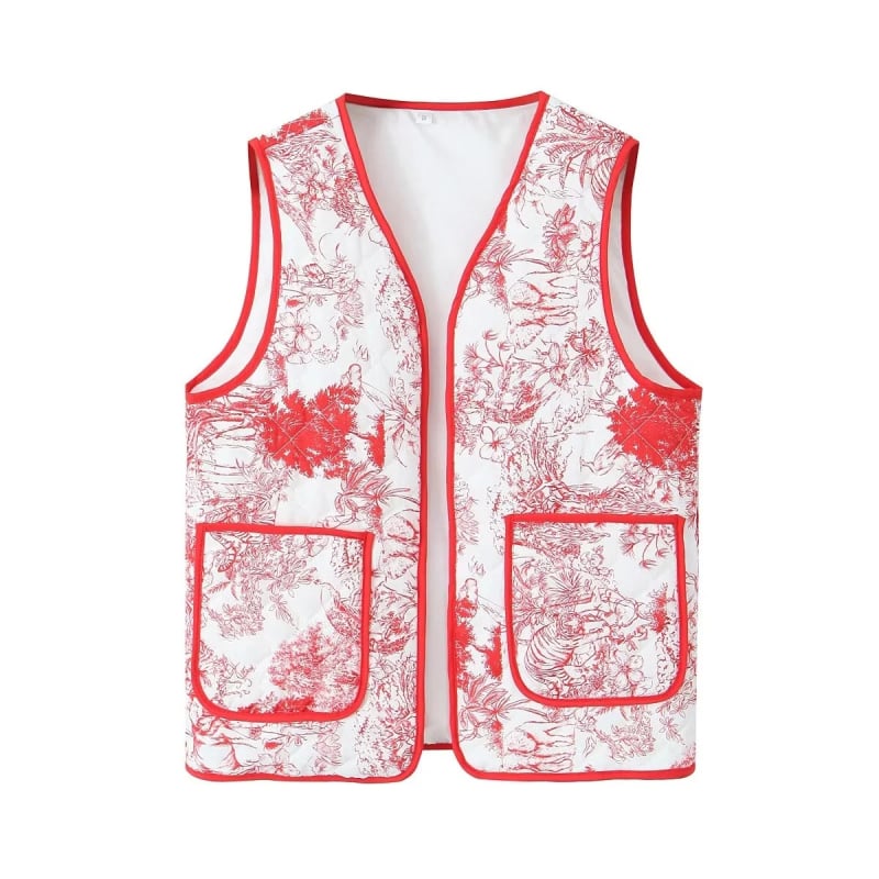 Ziedu raksta jaciņa ar Space Cotton pildījumu, poliestera audums, brīvs griezums, pusē atvērta apkakle, bez sprādzes