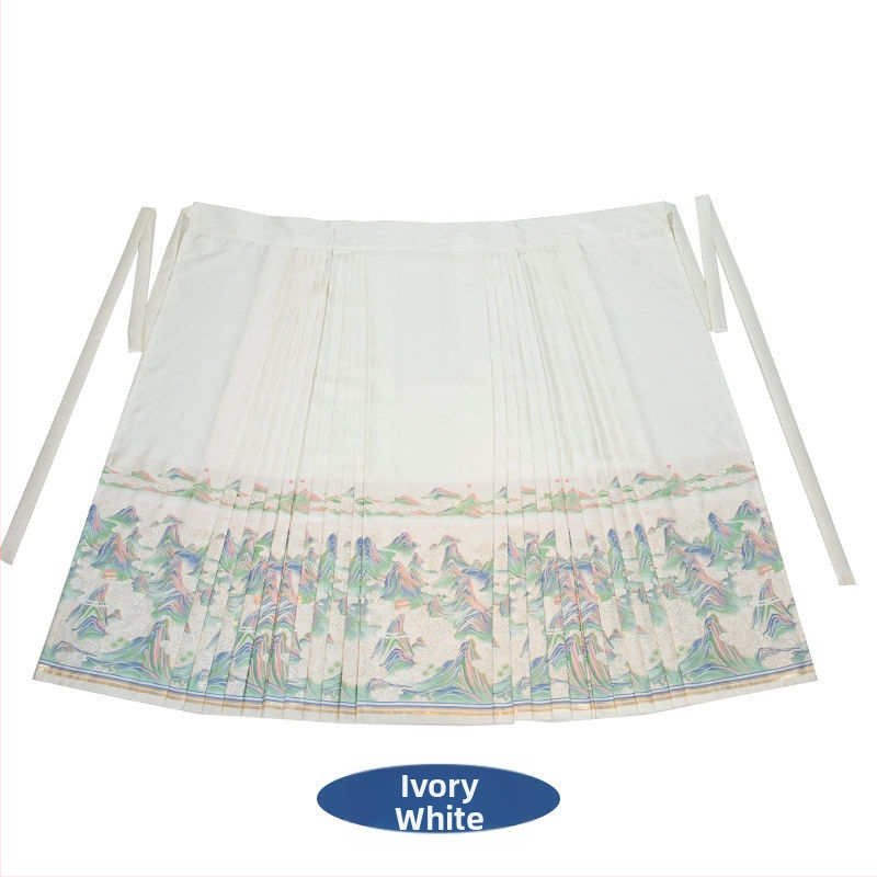 Hanfu kleita ar kalnu un upju ainavu motīvu, zelta izšūšana, retro stils, izšūta Ma Mian svārku daļa, poliesters 70–80%, pavedienu krāsošana