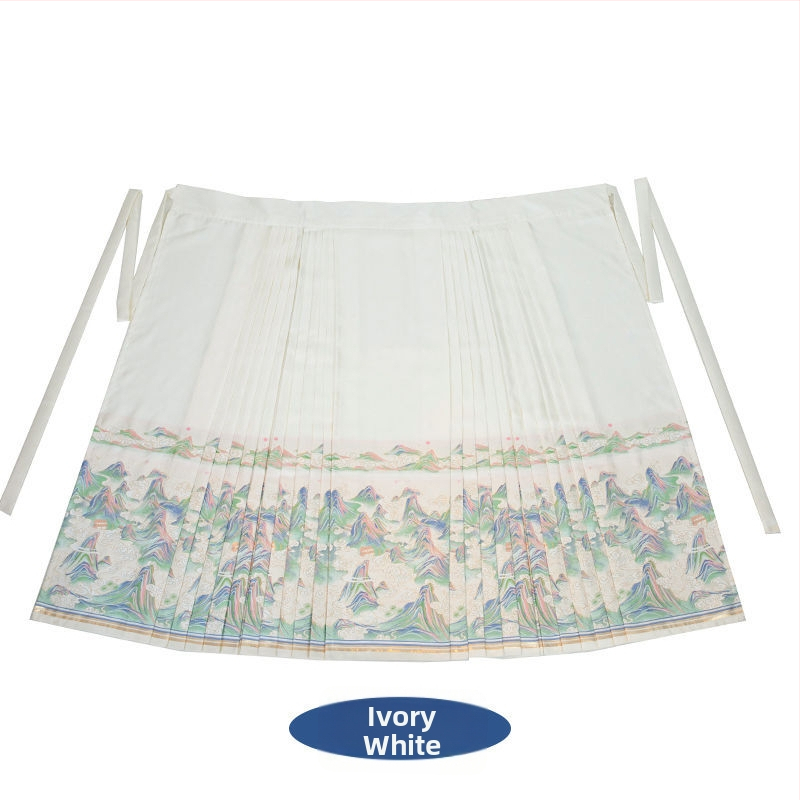 Hanfu kleita ar kalnu un upju ainavu motīvu, zelta izšūšana, retro stils, izšūta Ma Mian svārku daļa, poliesters 70–80%, pavedienu krāsošana