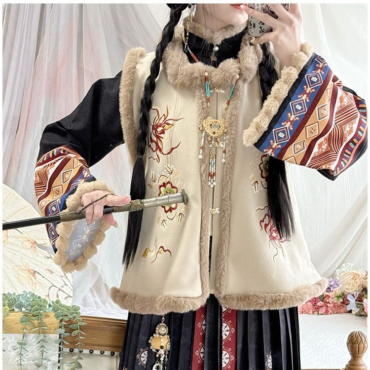 Tradicionāla ķīniešu kleita sievietēm nacionālā stilā – Chenille audums ar Spandex, pūkaina plisētā jaka un etniskais ziemas komplekts