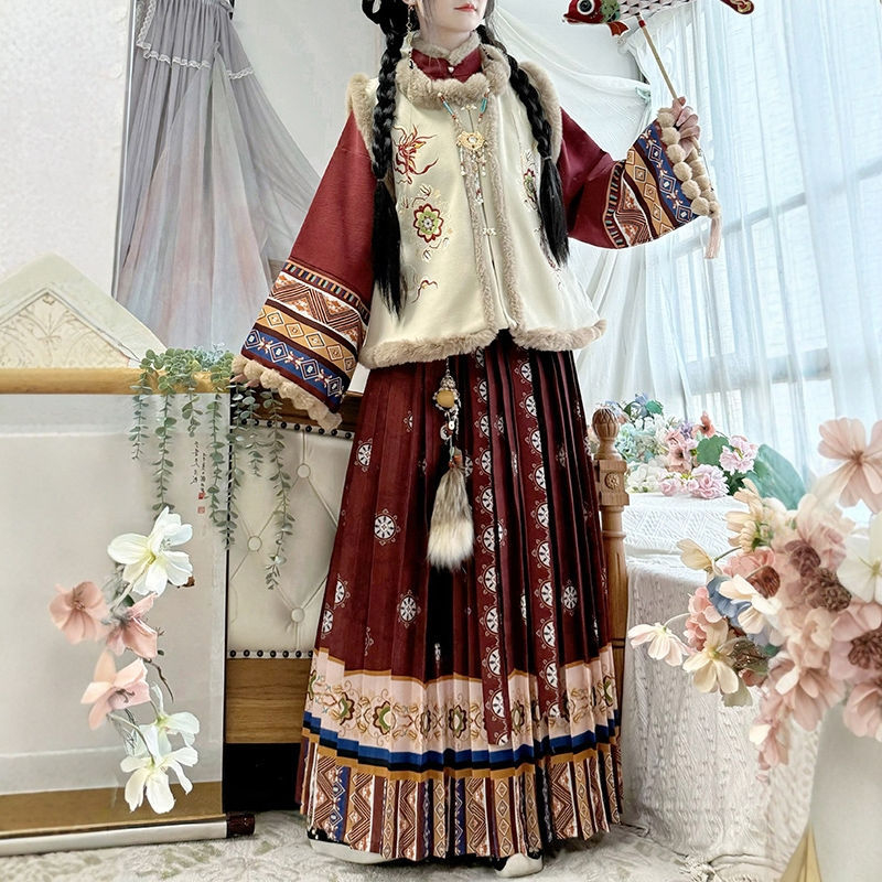 Tradicionāla ķīniešu kleita sievietēm nacionālā stilā – Chenille audums ar Spandex, pūkaina plisētā jaka un etniskais ziemas komplekts