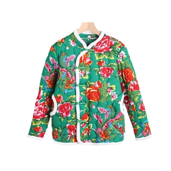 Памучно подплатено палто със сваляема яка от изкуствена козина, подплатено от флис, с тесен силует и флорален мотив