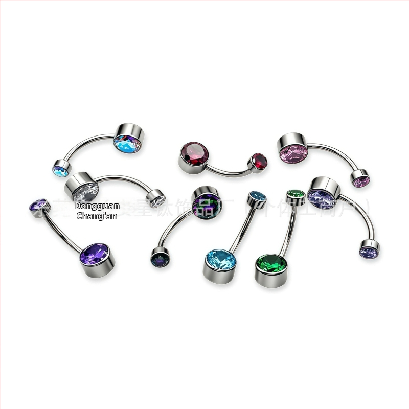 Piercing do pupka: valcové bezelové nastavenie so zirkónom, vnútorný závit, leštený titanový zliatok G23 (ASTM F136)