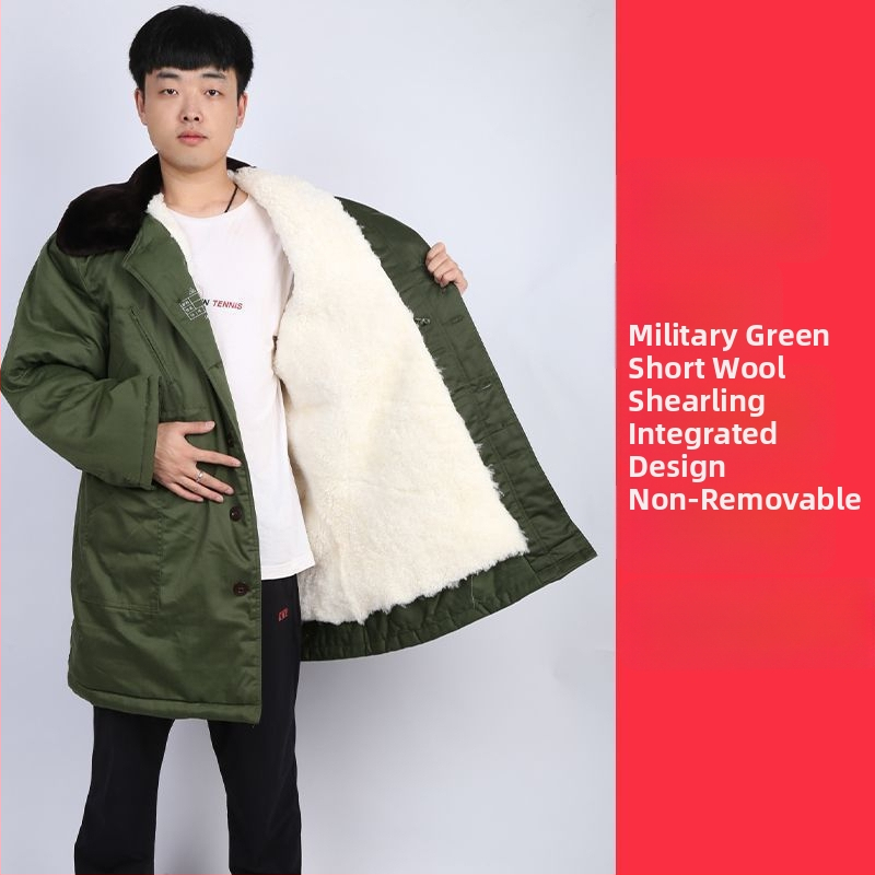 Militālais kažoks no aitas ādas un kokvilnas, silts vidēja garuma, iekšējā pildījumā vilnas kažoks, ziemas kalnu pārgājieniem, radiācijas aizsardzība, zēniem