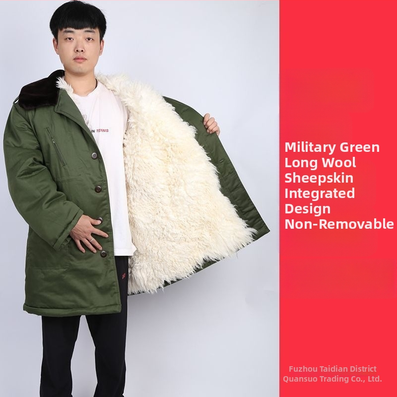 Militālais kažoks no aitas ādas un kokvilnas, silts vidēja garuma, iekšējā pildījumā vilnas kažoks, ziemas kalnu pārgājieniem, radiācijas aizsardzība, zēniem