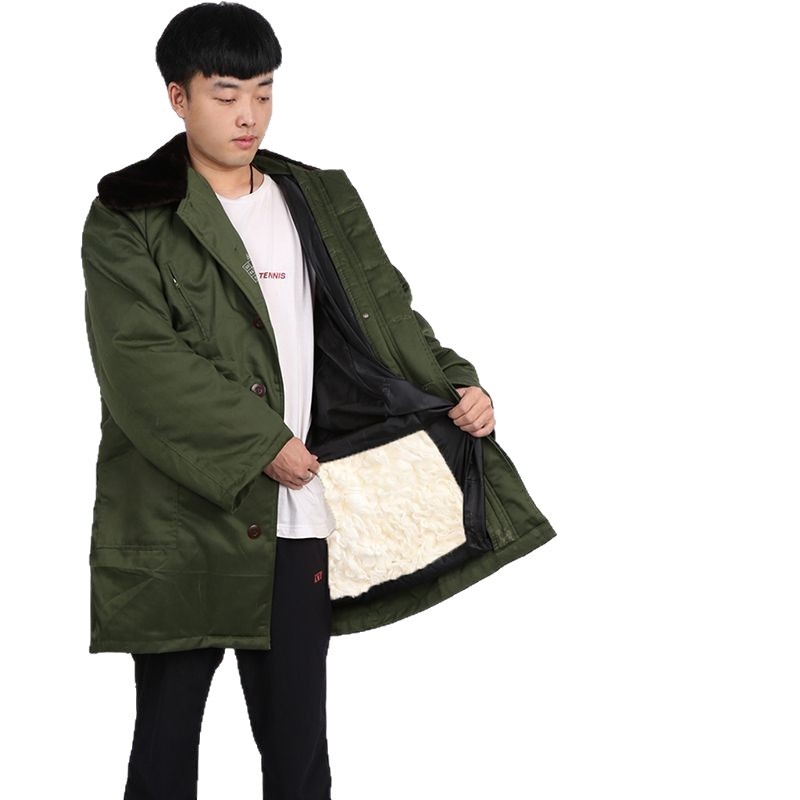 Militālais kažoks no aitas ādas un kokvilnas, silts vidēja garuma, iekšējā pildījumā vilnas kažoks, ziemas kalnu pārgājieniem, radiācijas aizsardzība, zēniem