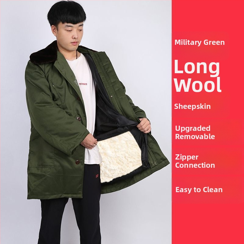 Militālais kažoks no aitas ādas un kokvilnas, silts vidēja garuma, iekšējā pildījumā vilnas kažoks, ziemas kalnu pārgājieniem, radiācijas aizsardzība, zēniem