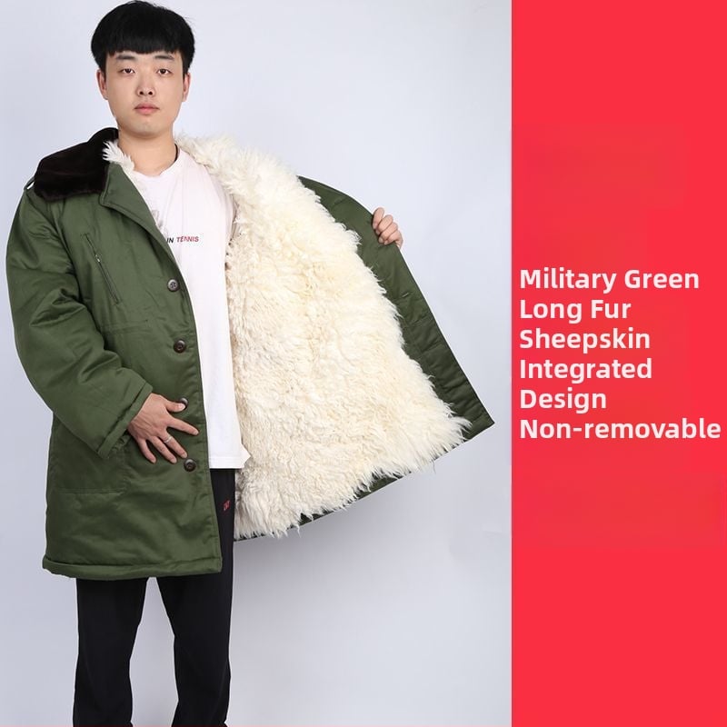 Militālais kažoks no aitas ādas un kokvilnas, silts vidēja garuma, iekšējā pildījumā vilnas kažoks, ziemas kalnu pārgājieniem, radiācijas aizsardzība, zēniem