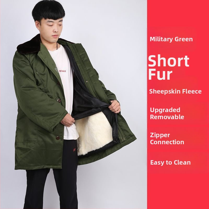 Militālais kažoks no aitas ādas un kokvilnas, silts vidēja garuma, iekšējā pildījumā vilnas kažoks, ziemas kalnu pārgājieniem, radiācijas aizsardzība, zēniem