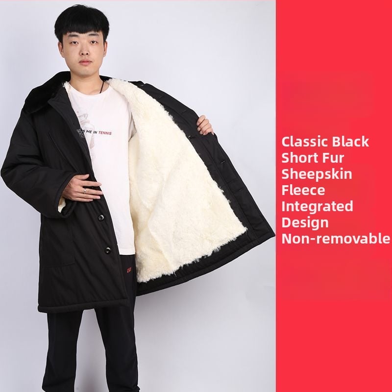 Militālais kažoks no aitas ādas un kokvilnas, silts vidēja garuma, iekšējā pildījumā vilnas kažoks, ziemas kalnu pārgājieniem, radiācijas aizsardzība, zēniem