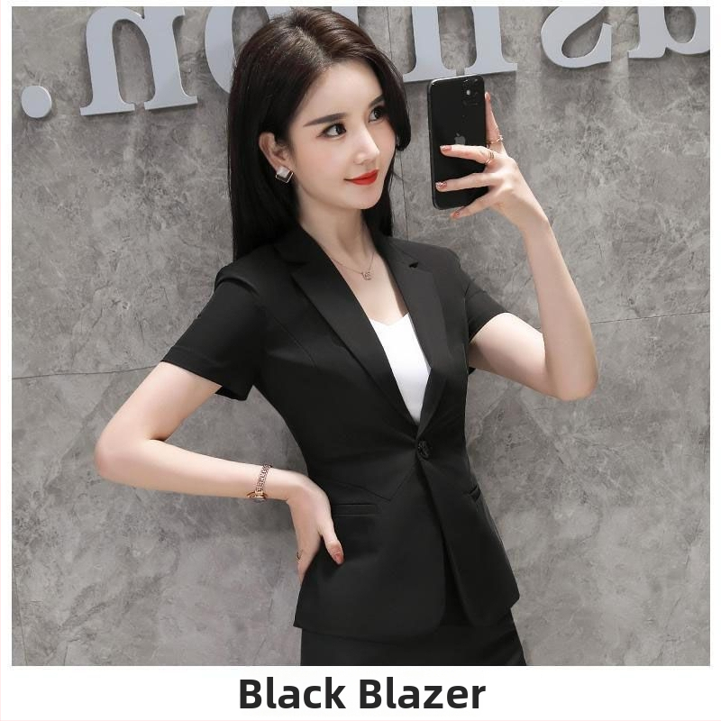 Sieviešu vasaras kostīms ar jaku un svārkiem – biroja stilam, rayon audums, ar īsiem piedurknēm, 2025. gads