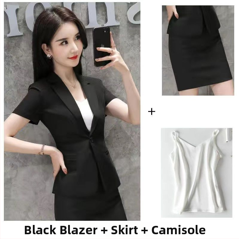 Sieviešu vasaras kostīms ar jaku un svārkiem – biroja stilam, rayon audums, ar īsiem piedurknēm, 2025. gads