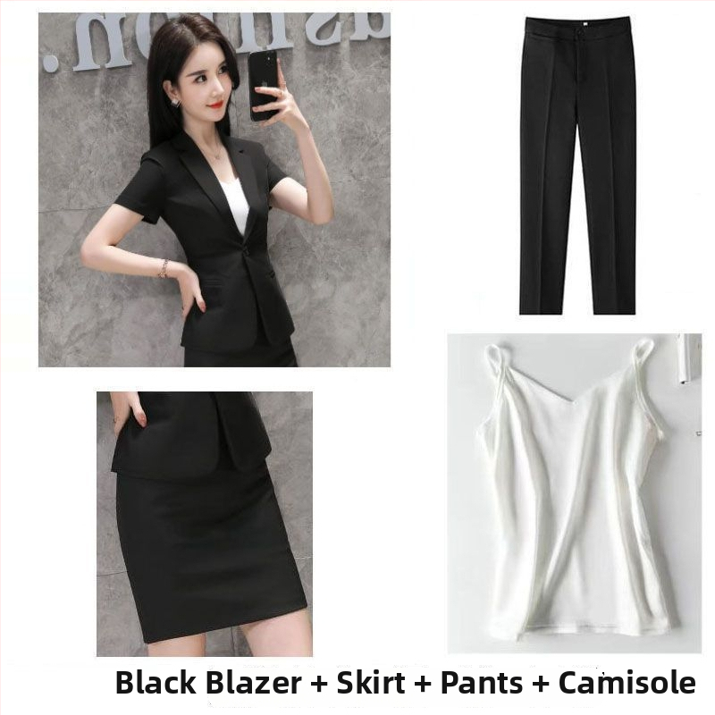 Sieviešu vasaras kostīms ar jaku un svārkiem – biroja stilam, rayon audums, ar īsiem piedurknēm, 2025. gads