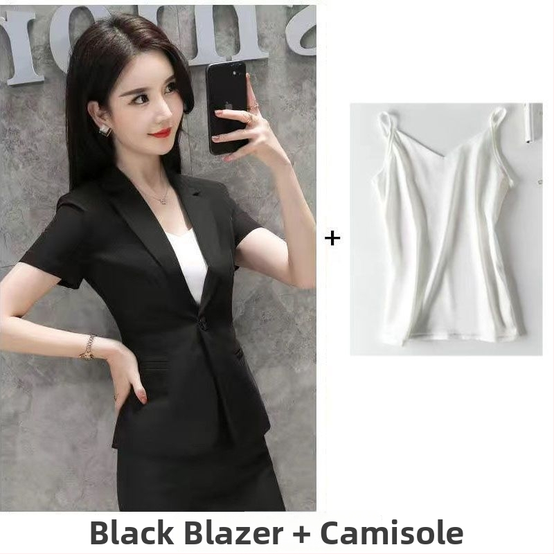 Sieviešu vasaras kostīms ar jaku un svārkiem – biroja stilam, rayon audums, ar īsiem piedurknēm, 2025. gads