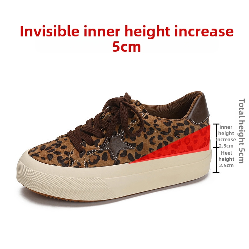 Ženske casual tenisice od nubuk kože, skriveno povećanje visine 5 cm, leopard uzorak, fleece podstava, vezanje čipkama