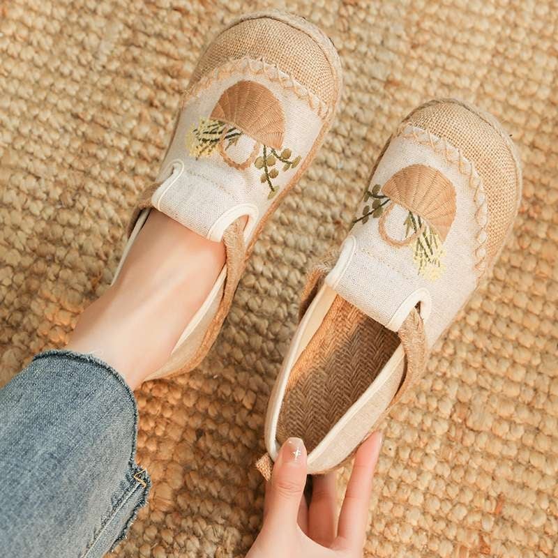 Naise etnilised tekstiiljalatsid, ülemine kanepist, TPR-tald, ruuduotsaga varvas, Slip-On