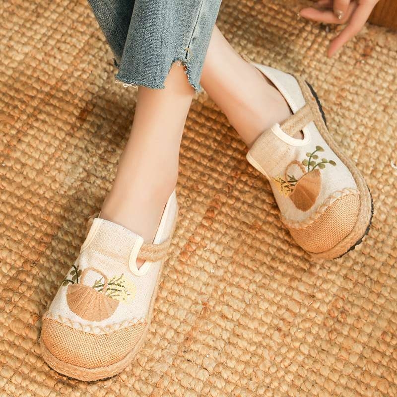 Naise etnilised tekstiiljalatsid, ülemine kanepist, TPR-tald, ruuduotsaga varvas, Slip-On