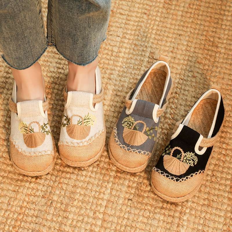 Naise etnilised tekstiiljalatsid, ülemine kanepist, TPR-tald, ruuduotsaga varvas, Slip-On