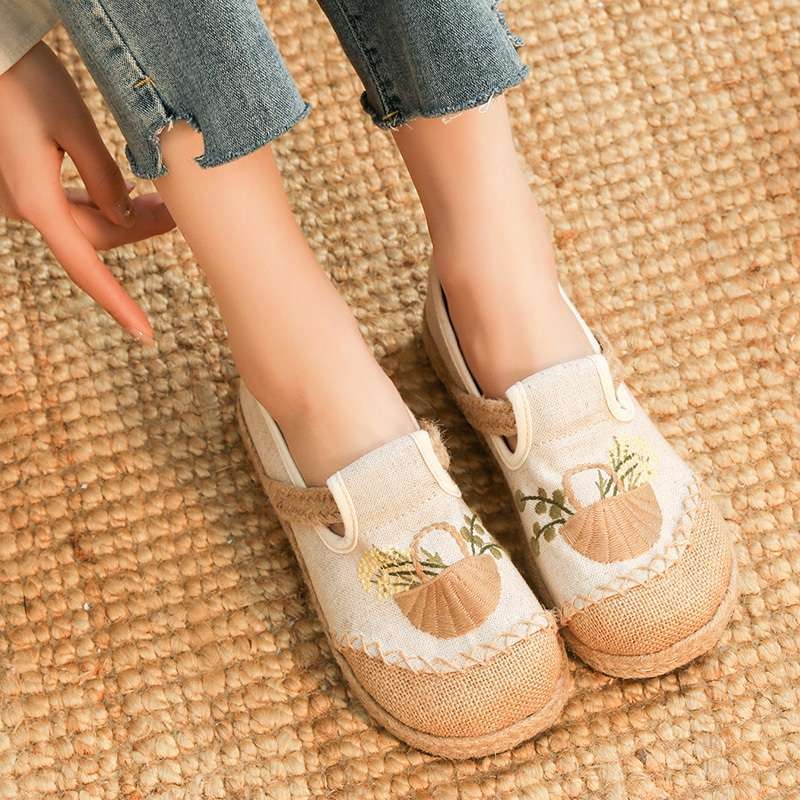 Naise etnilised tekstiiljalatsid, ülemine kanepist, TPR-tald, ruuduotsaga varvas, Slip-On