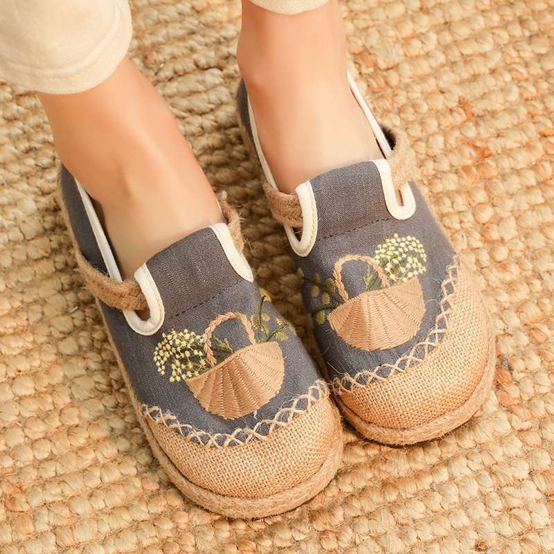 Naise etnilised tekstiiljalatsid, ülemine kanepist, TPR-tald, ruuduotsaga varvas, Slip-On