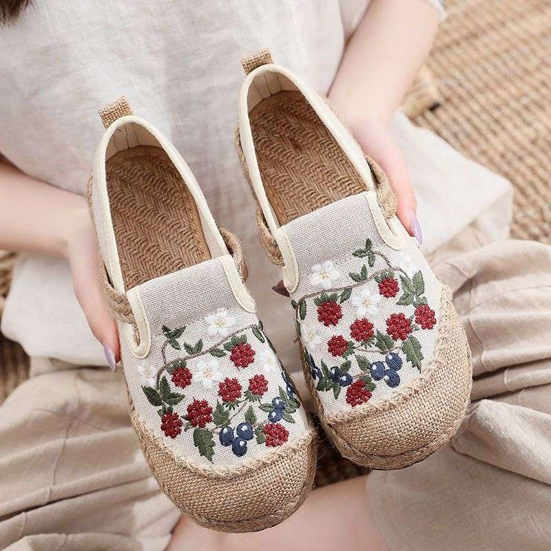 Naise etnilised tekstiiljalatsid, ülemine kanepist, TPR-tald, ruuduotsaga varvas, Slip-On