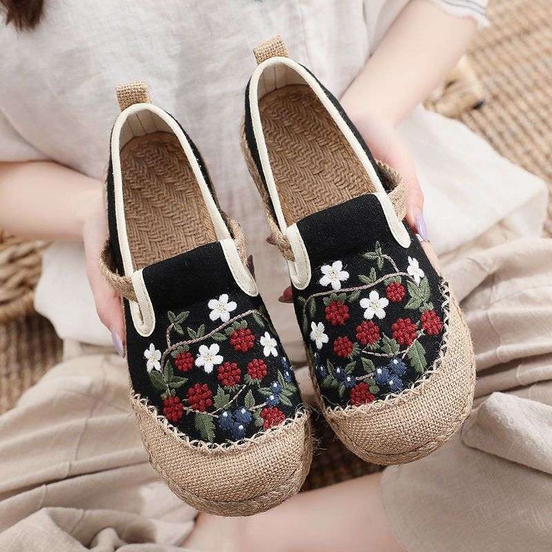 Naise etnilised tekstiiljalatsid, ülemine kanepist, TPR-tald, ruuduotsaga varvas, Slip-On