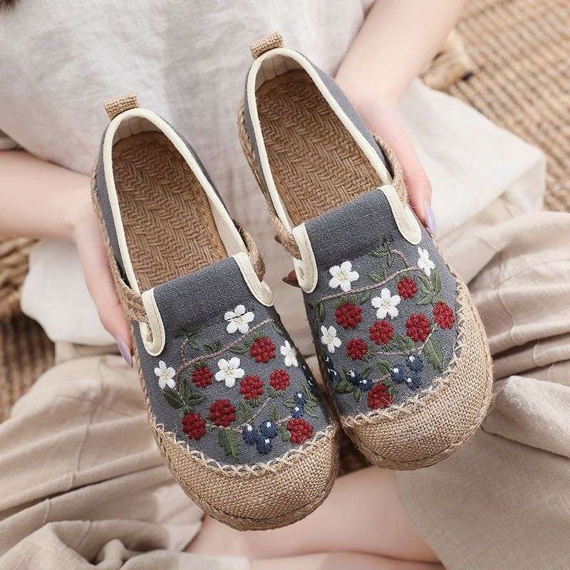 Naise etnilised tekstiiljalatsid, ülemine kanepist, TPR-tald, ruuduotsaga varvas, Slip-On