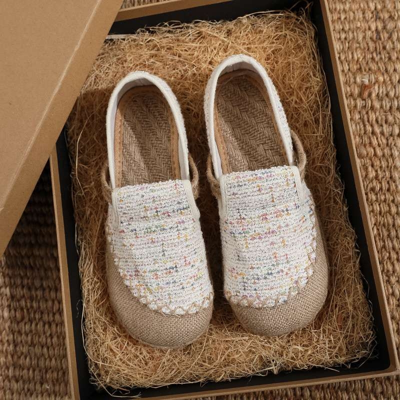 Naise etnilised tekstiiljalatsid, ülemine kanepist, TPR-tald, ruuduotsaga varvas, Slip-On