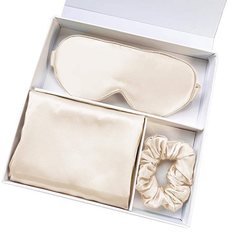 Set svilenih maski za oči, svilenkasta gumica za kosu i set jastučnica — 100% svila, satenski pletenina, reaktivno bojanje, modernan minimalistički darovni set