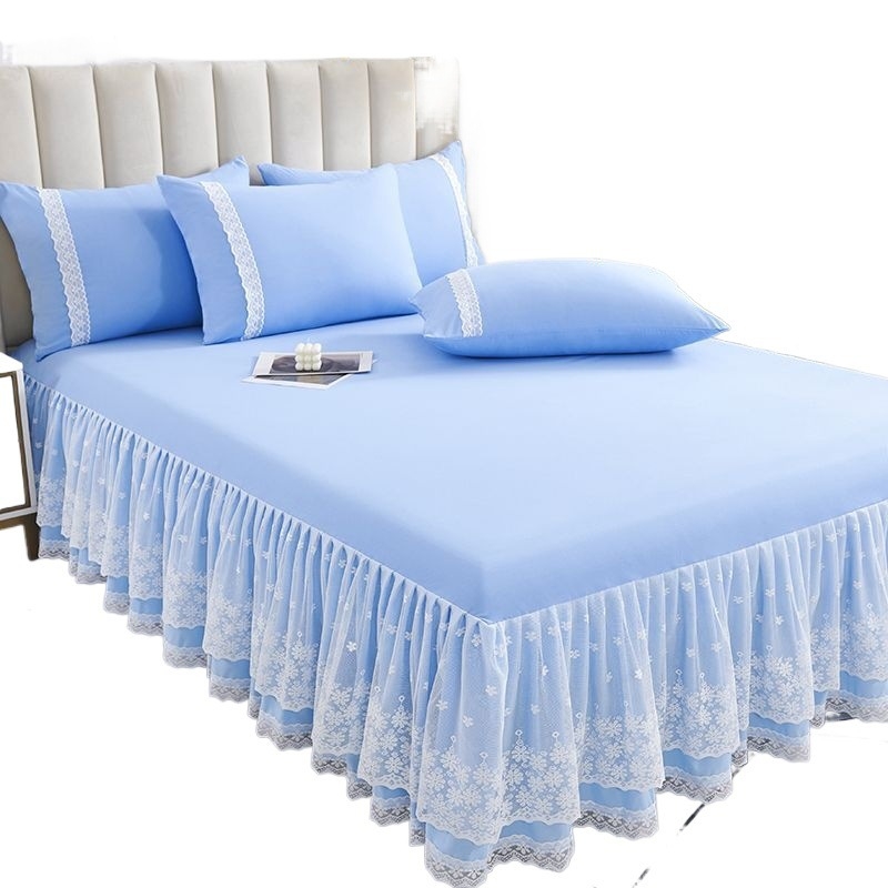 Koreapärase stiiliga voodipesa kattev pitsiga, kolmene komplekt, jääsilk materjalist, harjatud tekstuur, reaktiivne trükk ja värvimine, printsessi stiil