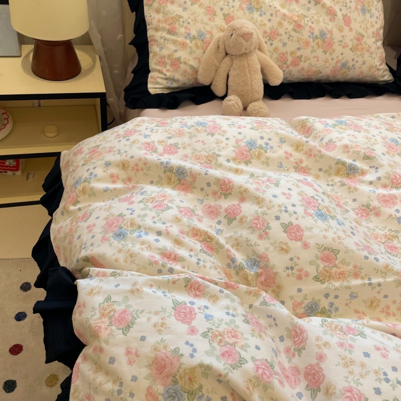 Francuski retro stil s čipkom, 100% pamuk — četverodjelni set posteljine (plahte, navlaka za jorgan, gumeni list i jastučnice)