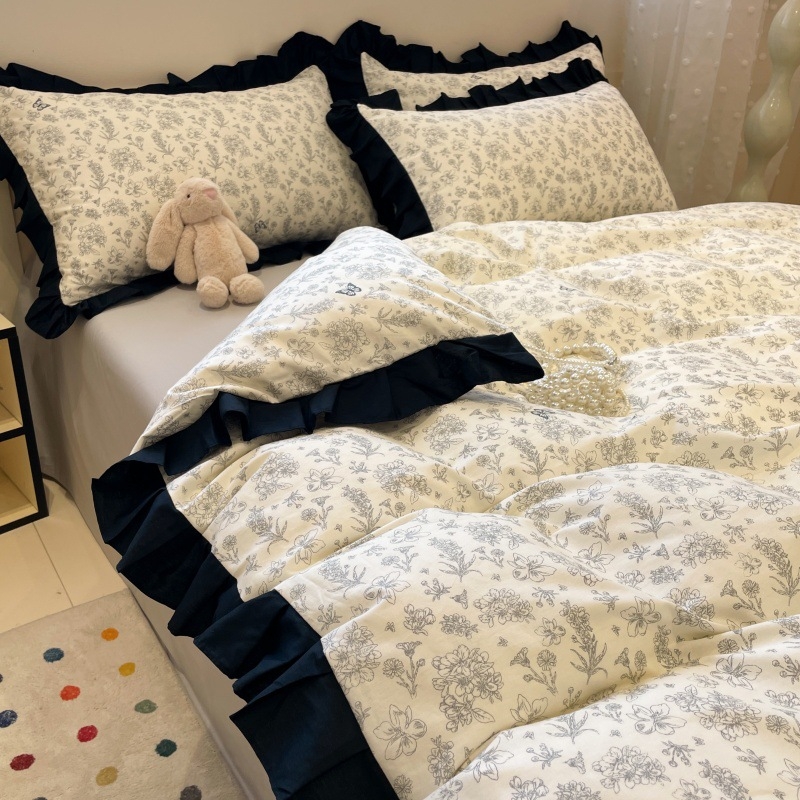 Francuski retro stil s čipkom, 100% pamuk — četverodjelni set posteljine (plahte, navlaka za jorgan, gumeni list i jastučnice)