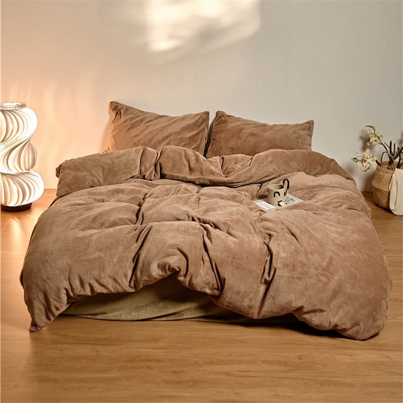 Set posteljine od mliječnog velura, četiri dijela, minimalistički jednobojni dizajn, dvostrani flis, zimsku toplinu, debeli, antistatika