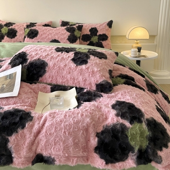 Četverodjelni set posteljine od imitacije zajčje pliš, dvostrano koral fleec, debeli mliječni fleec, uzorak biljaka i cvijeća, zimska toplina