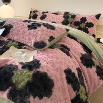 Četverodjelni set posteljine od imitacije zajčje pliš, dvostrano koral fleec, debeli mliječni fleec, uzorak biljaka i cvijeća, zimska toplina