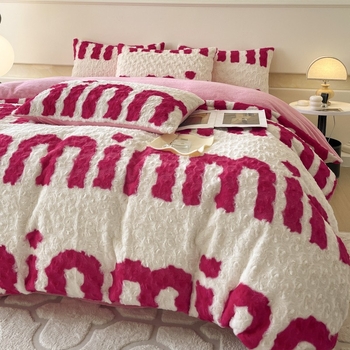 Četverodjelni set posteljine od imitacije zajčje pliš, dvostrano koral fleec, debeli mliječni fleec, uzorak biljaka i cvijeća, zimska toplina