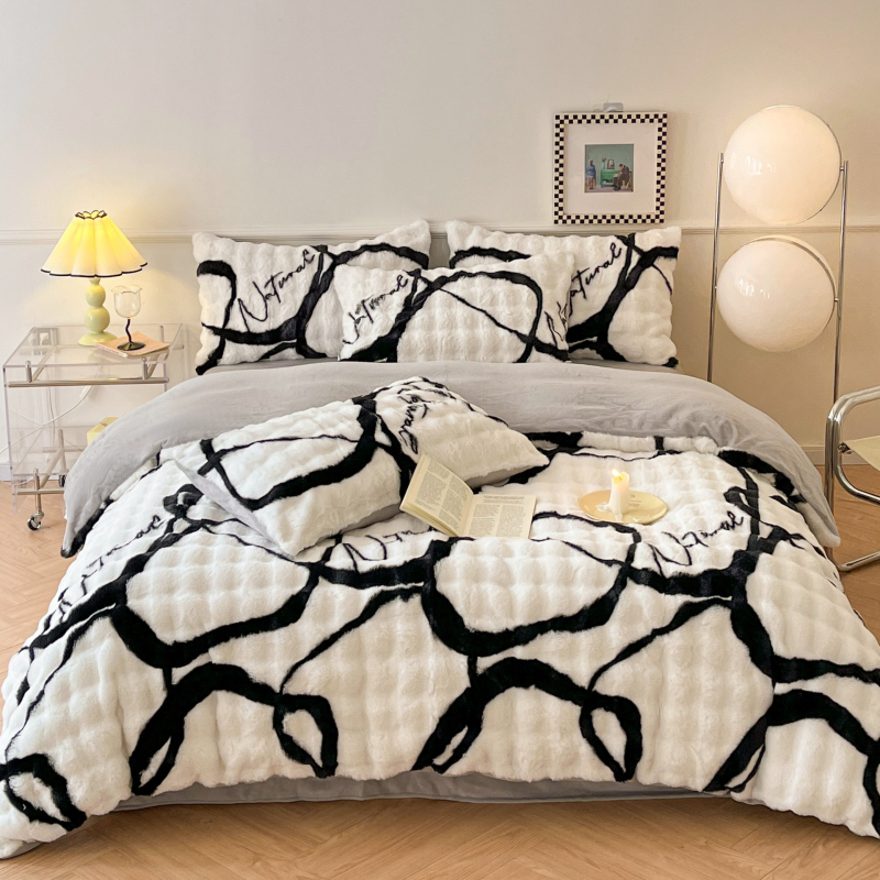 Četverodjelni set posteljine od imitacije zajčje pliš, dvostrano koral fleec, debeli mliječni fleec, uzorak biljaka i cvijeća, zimska toplina