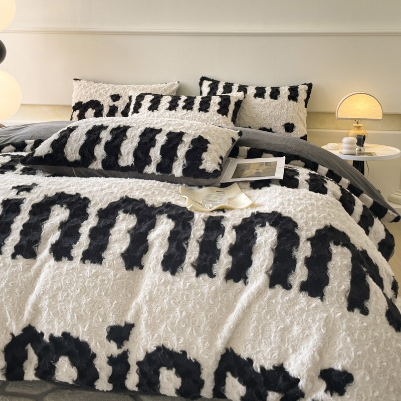 Četverodjelni set posteljine od imitacije zajčje pliš, dvostrano koral fleec, debeli mliječni fleec, uzorak biljaka i cvijeća, zimska toplina