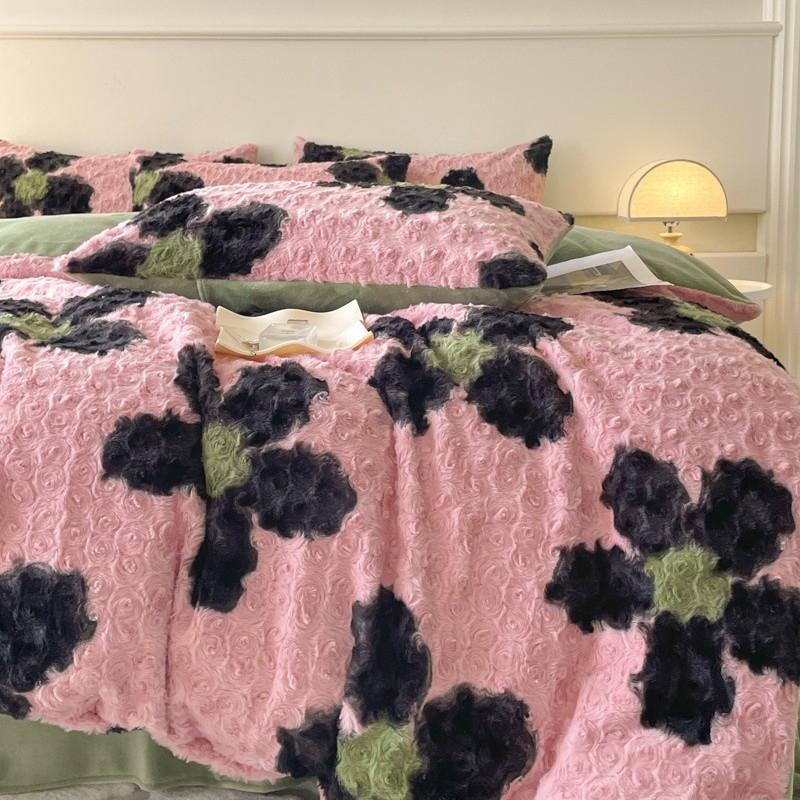 Četverodjelni set posteljine od imitacije zajčje pliš, dvostrano koral fleec, debeli mliječni fleec, uzorak biljaka i cvijeća, zimska toplina